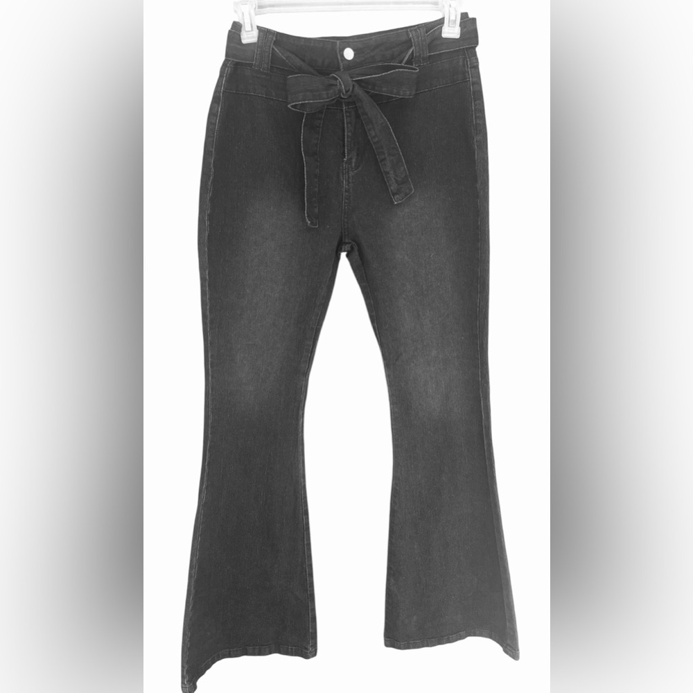 Pantete Black Flared Jeans with Tie Waist Size L NWT.